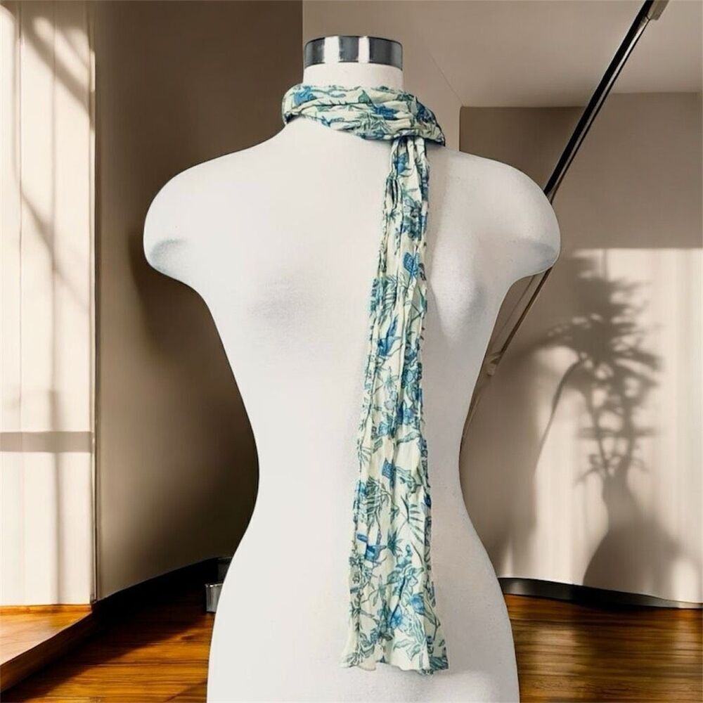 Banjara Yellow Blue Bird Floral Crinkle Scarf Thin Neck Chantilly
